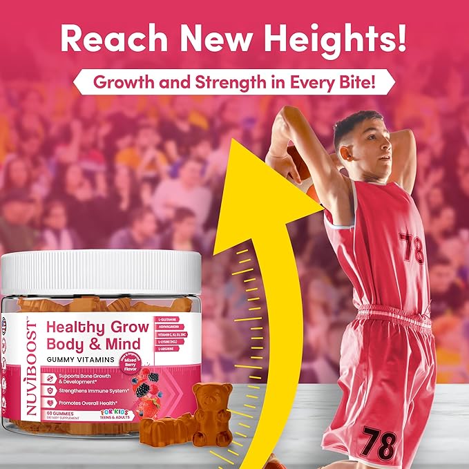 Healthy Grow Height Growth Gummies Rich in Calcium Vitamins C D3 K2 L-Arginine Ashwagandha and Others Boost Bone Health &amp Immunity Multivitamin for Kids 5+ Teens and Adults.