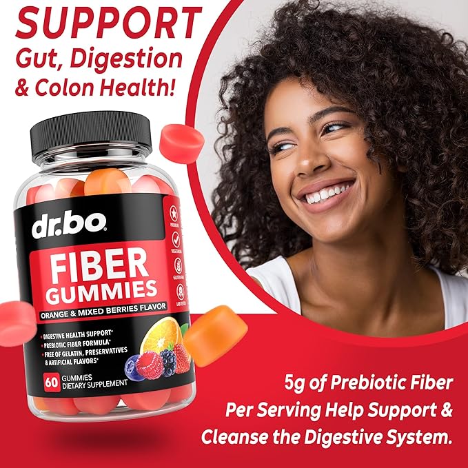 DR. BO Fiber Gummies Colon Cleanse &amp Ginger - Tasty Gummy Prebiotic Fiber Supplement - Bowel Movement Support for Gut &amp Stomach Cleansing