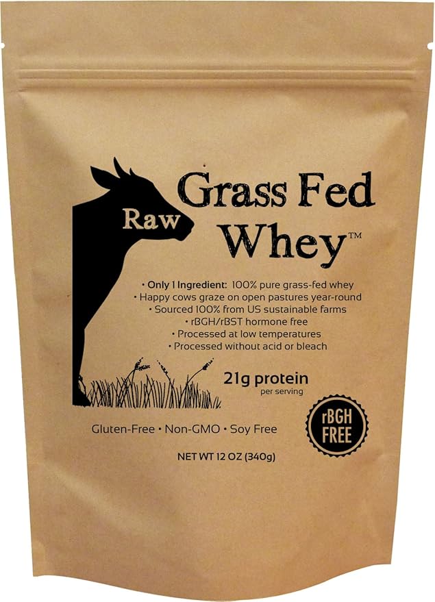 Raw Grass Fed Whey Protein Powder – Unflavored Only 1 Ingredient: Grass-Fed Whey from Happy Healthy Cows – Undenatured Non-GMO Hormone-Free Gluten-Free Made in USA 12 OZ