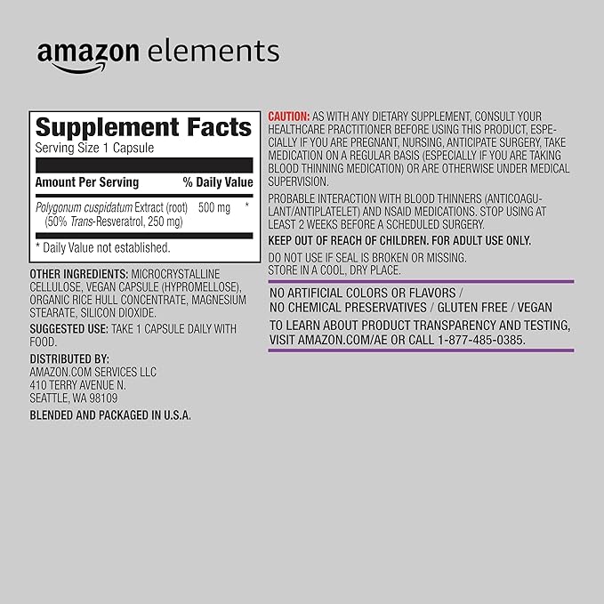 Amazon Elements - Trans-Resveratrol 250 mg 60 Capsules 2 Month Supply Vegan