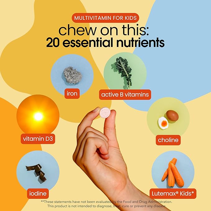 Picky Essentials Kids Multivitamin with Iron + Zinc | 20+ Essential Nutrients | Ages 2+ | Naturally Strawberry Flavored | Vitamins and Minerals A C D3 Bs | No Added Sugar | 60 Chewable Tablets