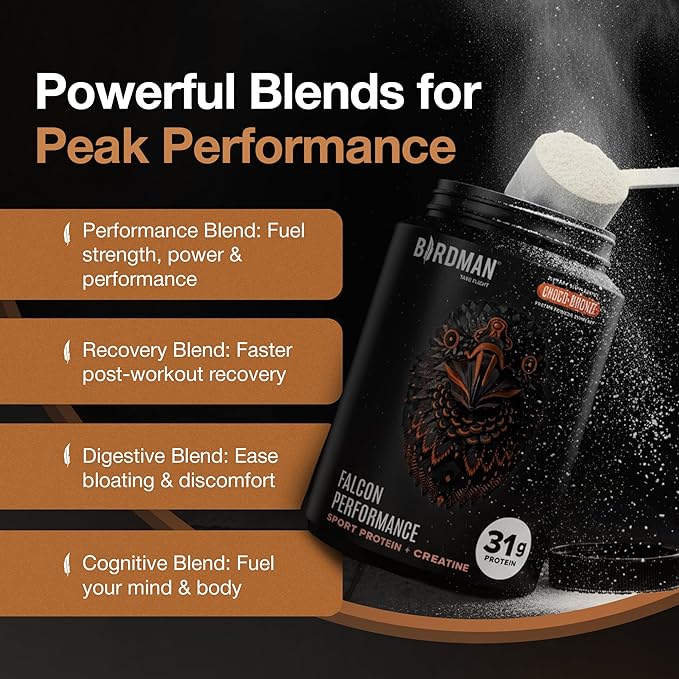 Birdman Falcon Performance Vegan Protein Powder 31g Protein 5g Creatine 5g BCAA Probiotics Electrolytes Pre Workout Low Carb Sugar Free &amp Dairy Free Plant Based Chocolate Protein -19 serv