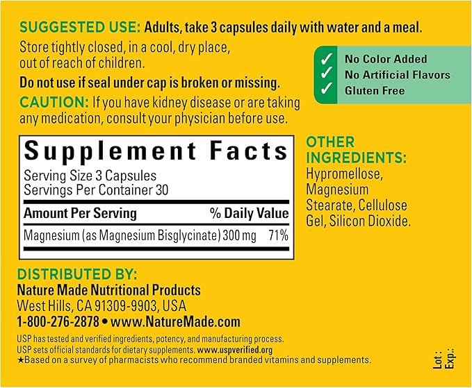 Nature Made High Absorption Magnesium Glycinate 300mg per 3 Capsules Magnesium Supplement for Muscle Heart Nerve and Bone Support 90 Magnesium Bisglycinate Capsules 30 Day Supply