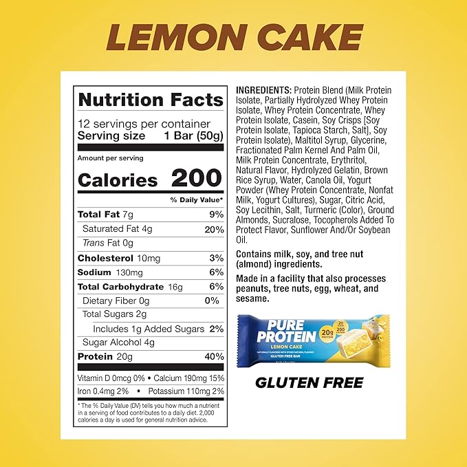 Pure Protein Vanilla Protein Shake 30g Complete Protein Vitamins A C D and E plus Zinc &amp Bars High Protein Nutritious Snacks to Support Energy Low Sugar Lemon Cake 1.76 oz