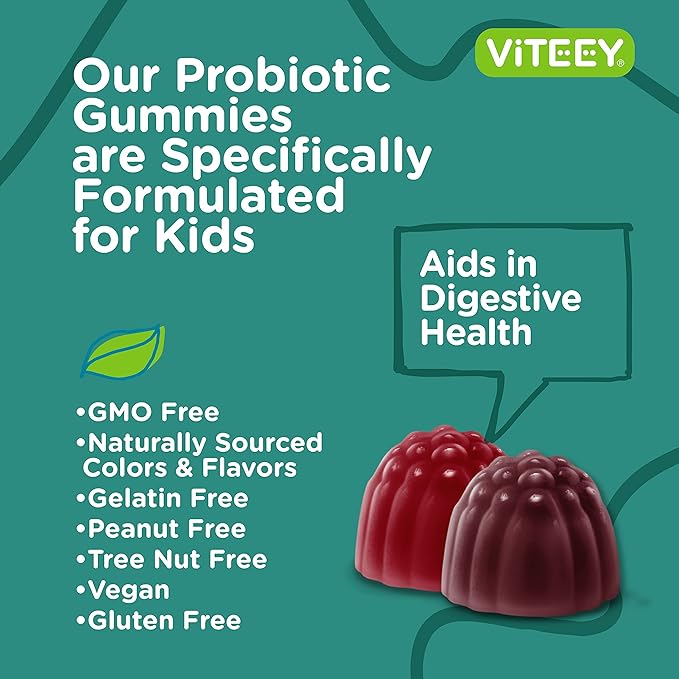 Viteey Probiotic Gummies for Kids Plus Prebiotics Fiber - 2 Billion CFUs - Digestive HealthGut Health Constipation Relief for Kids Support - Vegan Gelatin Free - Chewable Probiotic Berry Flavored