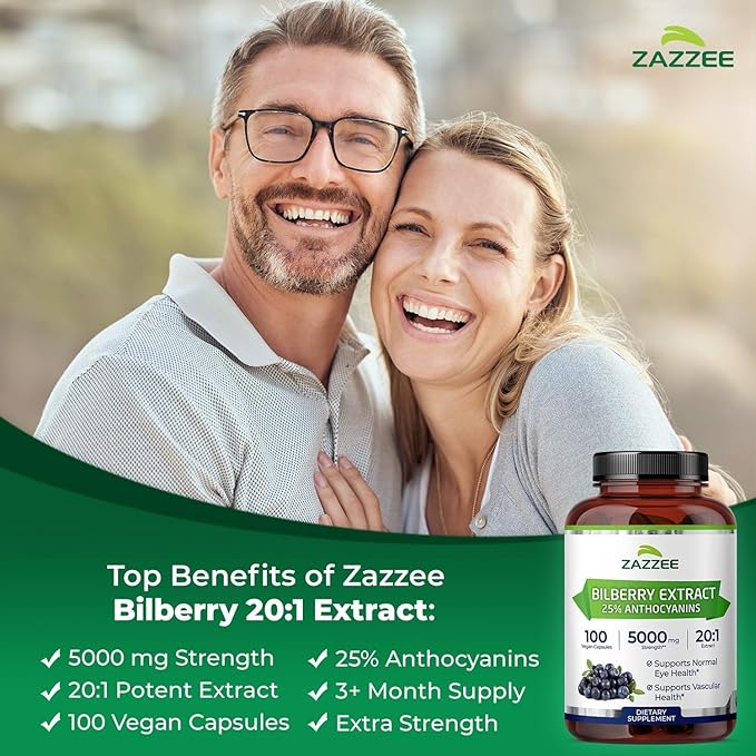 Zazzee Brain &amp Eye Health Support Bundle | Extra Strength Bilberry 20:1 Extract &amp USDA Organic Blueberry Extract Capsules | Non-GMO Vegan &amp ISO Lab Tested