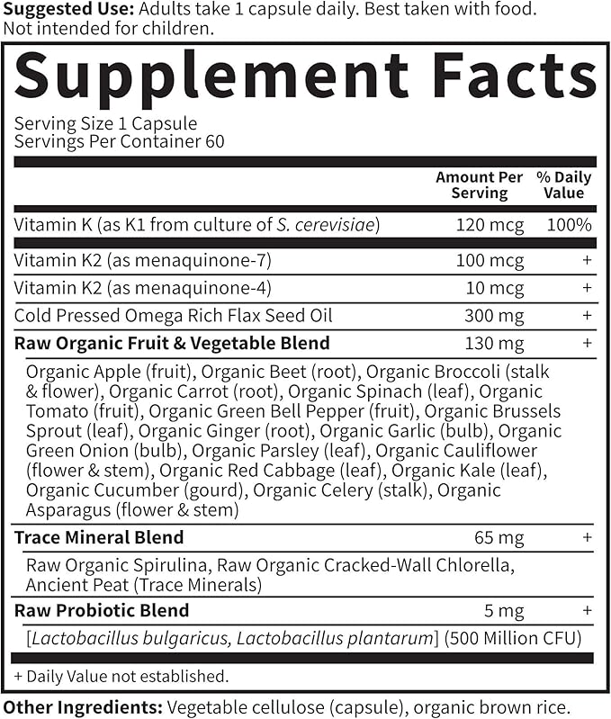 Garden of Life Vitamin K2 and K1 Vitamin Code Vegan K Complex for Bone Strength and Heart Health Omega Rich Flax Seed Oil Trace Minerals Probiotics 60 Day Supply (Pack of 2)
