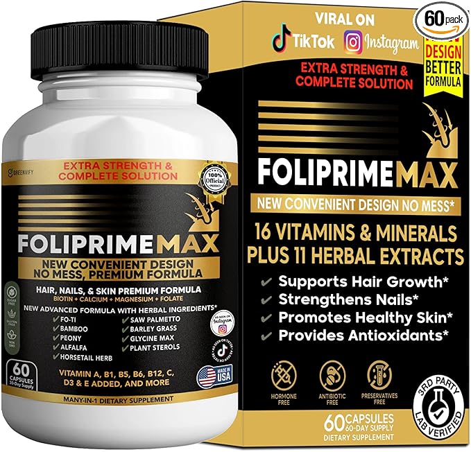 Foliprime Max Hair Nails &amp Skin Supplement with Biotin Vitamins Minerals &amp Herbal Blend 60 Capsules (1)