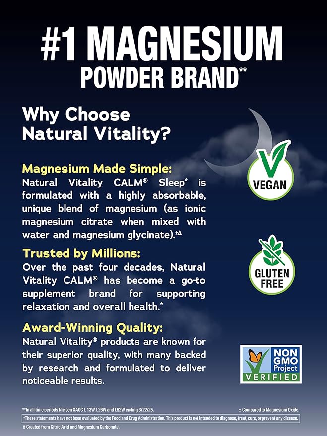 Natural Vitality Calm Sleep Melatonin and Magnesium 16oz Powder | With L-Theanine and GABA | Mixed Berry Flavred Drink Mix | Non-GMO &amp Vegan Supplement
