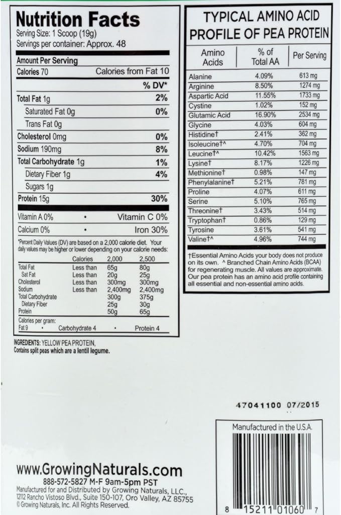 Plant Based Protein Original Gold Standard Raw Pea Protein Powder - Growing Naturals - Non-GMO Vegan Gluten-Free Keto Friendly Shelf-Stable (Original Unflavored 2 Pound (Pack of 1))