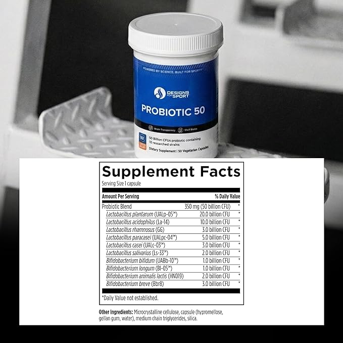 Designs for Sport Probiotic 50 - High-Performance Probiotic Supplement for Athletes* - Gut &amp Immune Support* - Shelf Stable - Dairy Soy &amp Gluten Free - 30 Vegetarian Capsules