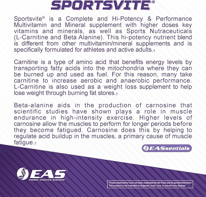 EAS SportsVite High Potency Multivitamin for Athletes | Vitamin &amp Mineral Nutrient Blend | 2300mg Beta Alanine 2000mg Carnitine Tartrate | 180 Tablets