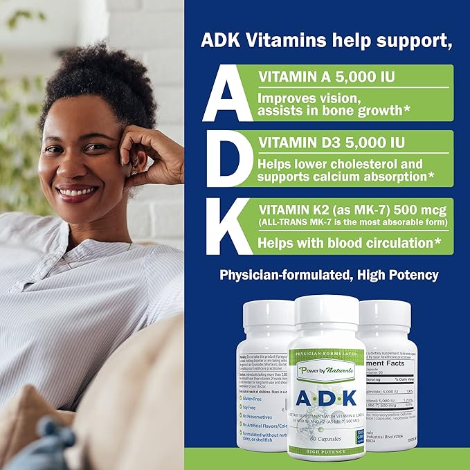 Power By Naturals ADK Vitamin Supplement – High Potency Blend of Vitamin A D3 5000 IU &amp K2 MK7 for Bone Health – Vitamin A D K Supplement – 60 Capsules (2 Month Supply)