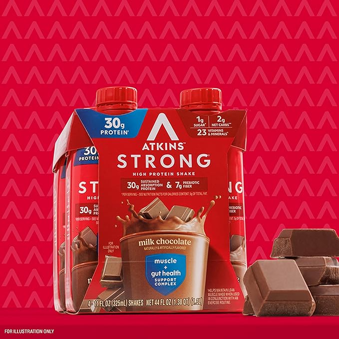Atkins Strong High Protein Shake Milk Chocolate 30g Protein 7g Prebiotic Fiber 1g Sugar GLP-1 Support Muscle &amp Gut Health Support Complex 12 Count