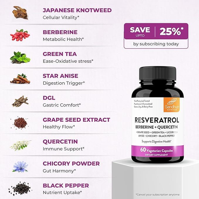 Resveratrol with Berberine Supplement For Gut Health Support | 240 Digestive Capsules For Women &amp Men | With Green Tea Extract Star Anise DGL Grape Seed Quercetin | Helps Ease Bloating &amp D