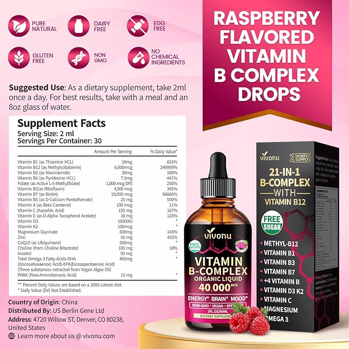 VivoNu Vitamin B Complex Liquid Drops Vitamins B12 B6 B1 B2 B3 B5Methyl Folate with Vitamin C A E D Support Energy Raspberry Flavor Natural Ingredient Non GMO