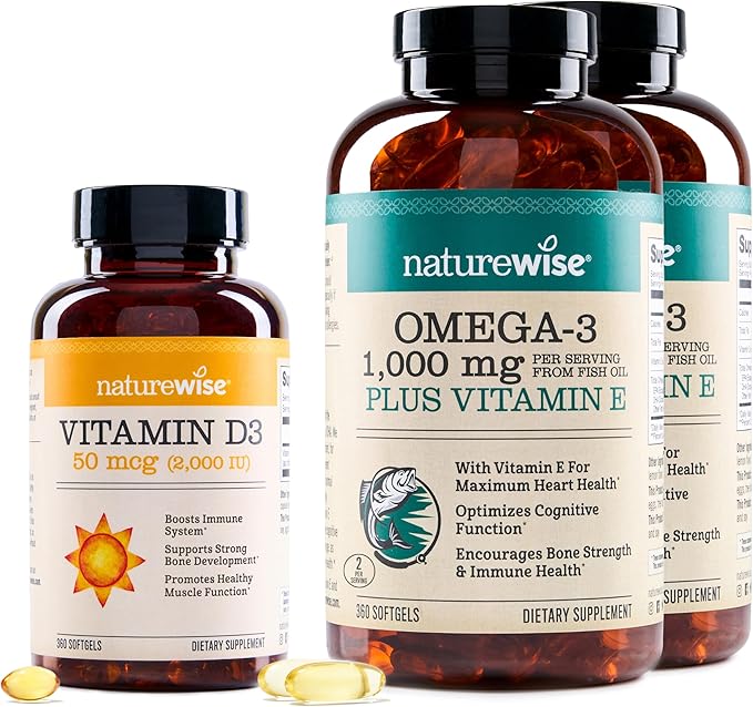 NatureWise [1] Vitamin D3 2000iu + Organic Olive Oil - 360 Mini Softgel [360-Day Supply] + (Pack of 2) Omega3 Fish Oil 1000mg + Vitamin E - Wild-Caught - 360 Softgels[180-Day Supply]