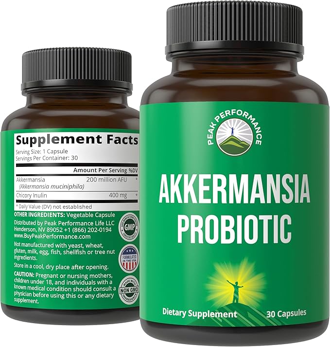 Peak Performance Akkermansia Probiotic to Increase GLP-1 Production - Ultra High Strength Akkermansia Muciniphila Live Strain with Prebiotic Fiber for Gut Health - Delayed Release 3rd Party Tested