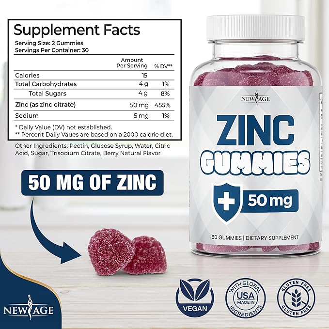 NEW AGE Zinc Gummies - 50mg Zinc Supplement Immune Supplement Antioxidant Non-GMO (60 Count (Pack of 1))