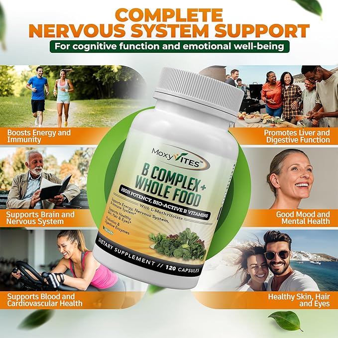 MoxyVites Vitamin B Complex - B Vitamins Whole Food Supplement B12 Methylcobalamin B1 B2 B3 B5 B6 B7 B9 - for Stress Energy and Immune Support Vegan 120 Capsules