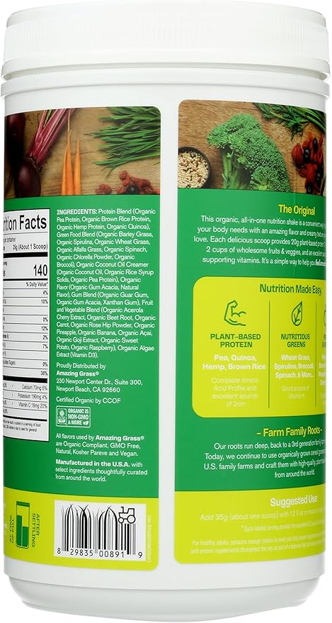 Amazing Grass Organic Plant Protein Blend: Vegan Protein Powder New Protein Superfood Formula All-In-One Nutrition Shake with Beet Root Original 22 Servings