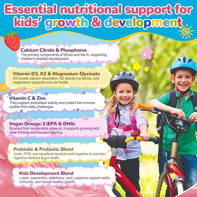 Kids Calcium Citrate Gummies: Organic Chewable Calcium Supplement with Vitamin D3 K2 Magnesium Zinc Vegan Omega Probiotic - Sugar Free High Absorption Gummy for Kids Overall Health (60Count)