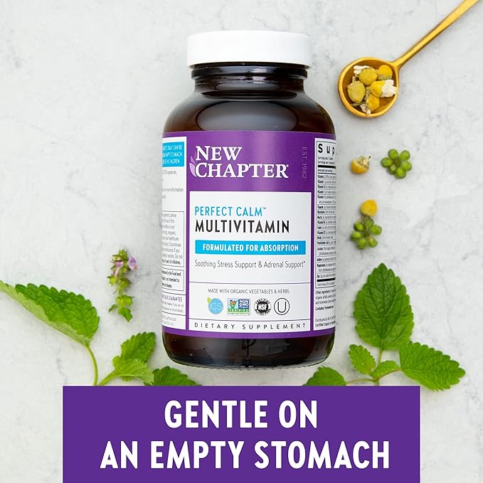 New Chapter Calming Supplement -Perfect Calm Multivitamin for Stress + Mood Support with B Vitamins + Holy + Lemon Balm + Organic Non-GMO Ingredients Basil 72 Count (Pack of 1)