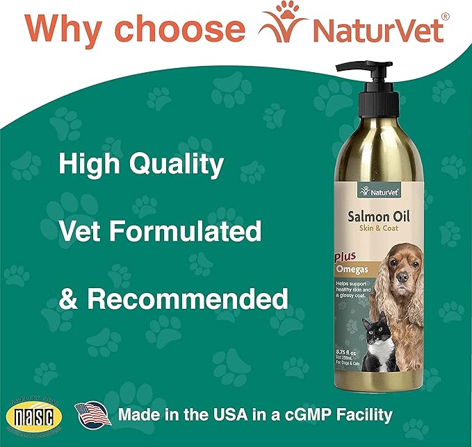 NaturVet – Salmon Oil Skin &amp Coat Plus Omegas – Supports Healthy Skin &amp Glossy Coat – Source of Omega-3 &amp 6 Fatty Acids – for Dogs &amp Cats (8.75 oz Oil)