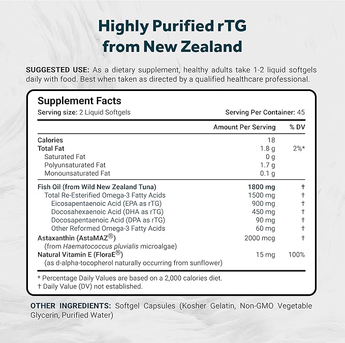 Naturalis Ultimate rTG Omega 3 Fish Oil 1800mg from Wild New Zealand Tuna | IFOS Certified &amp Sustainably Sourced | Full Spectrum Omega3s EPA DHA &amp DPA | 90 Softgels