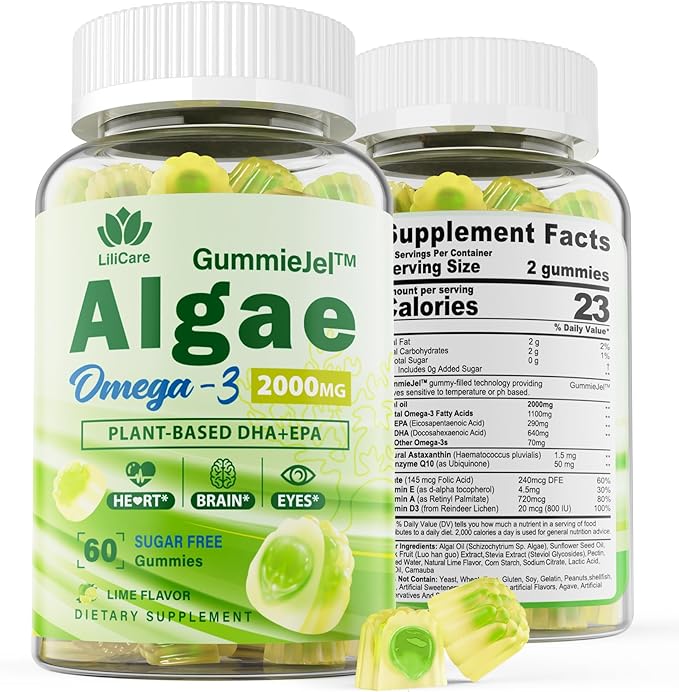 Sugar Free Omega 3 Fatty Acid 2000mg With 640mg DHA &amp 290mg EPA Multivitamin CoQ10 Astaxanthin + Ginger Filled Gummies for Nausea - Stomach Relief - Ultra Absorption for Digestive Support