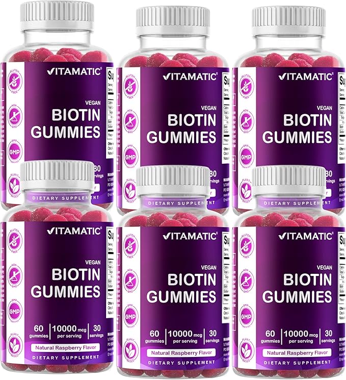 Vitamatic Biotin Gummies 10000 mcg for Stronger Hair Skin &amp Nails - 60 Vegan Gummies - Also Called Vitamin B7 (6 Bottles)