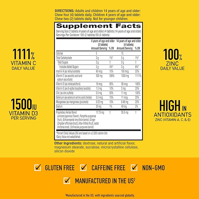 Airborne Citrus Chewable Tablets 200ct | Immune Support Supplement with 1000mg Vitamin C + Vitamins A D E ZincSelenium &amp Manganese | Herbal Blend | Gluten Free