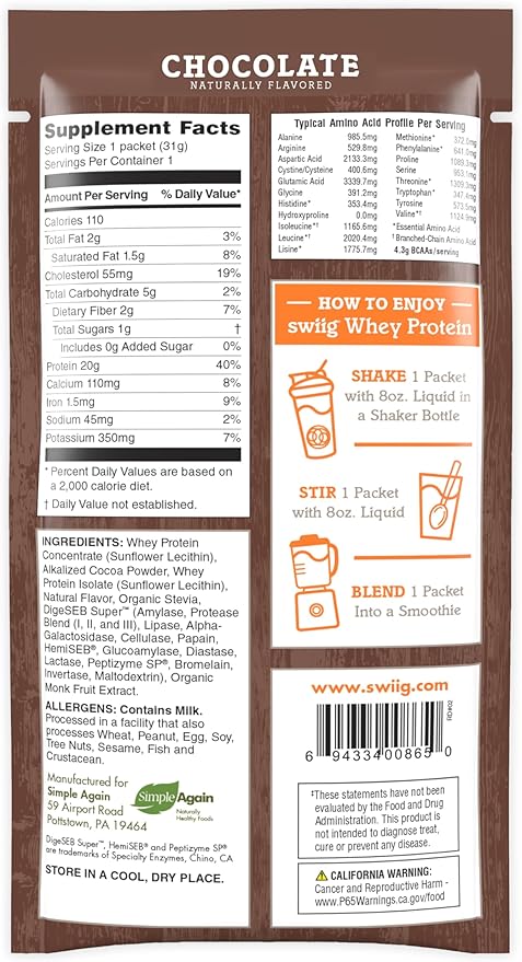 swiig Premium Daily Whey Chocolate Single-Serve 10-Pack – 20g Protein per Serving with Amino Acids for Muscle Recovery – Gluten-Free Non-GMO No Fillers No Artificial Flavors