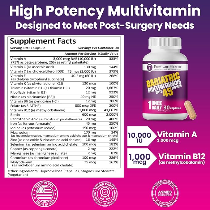 ProCare Health Bariatric Multivitamin with 45mg Iron (30 Easy to Swallow Capsules) - Once Daily Post-Op Support for Gastric Bypass &amp Sleeve with 1 Month Supply No Artificial Colors Gluten-Free
