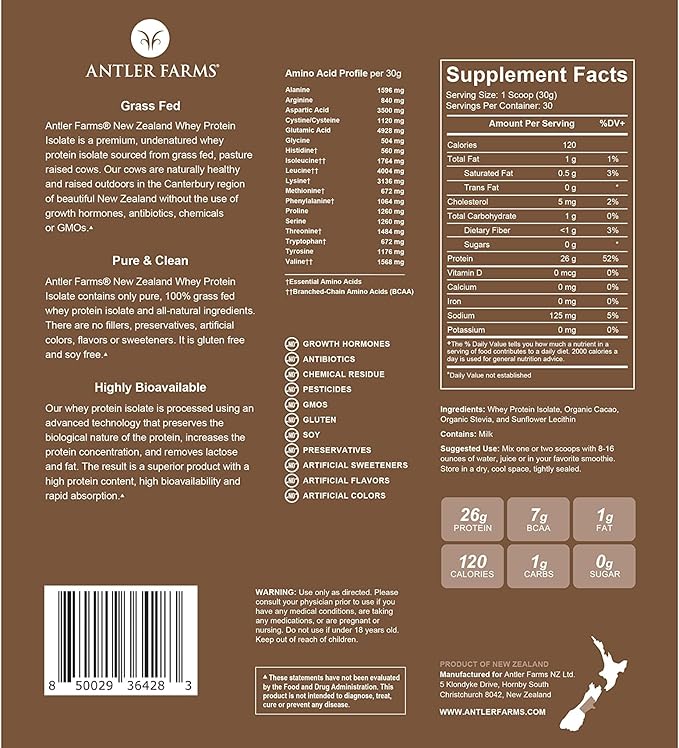 Antler Farms - 100% Grass Fed New Zealand Whey Protein Isolate Chocolate Flavor 2 lbs - Pure and Clean 4 Ingredients Delicious Cold Processed