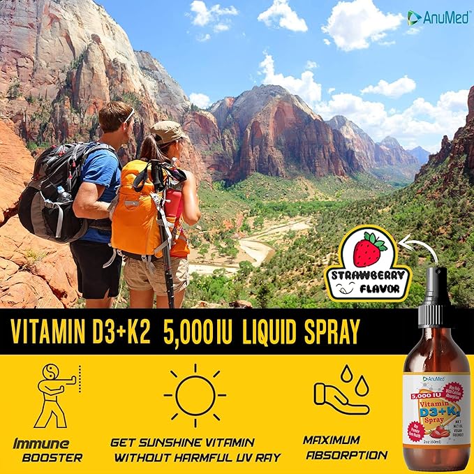 Vitamin D3 K2 5000 IU Liquid Spray with Organic MCT Oil Vitamin A (Retinol) 1250mcg K2 (MK4 MK7) Promotes Heart Bones Immune System. 100% Vegan Non-GMO No Sugar Added (2oz) (Strawberry)