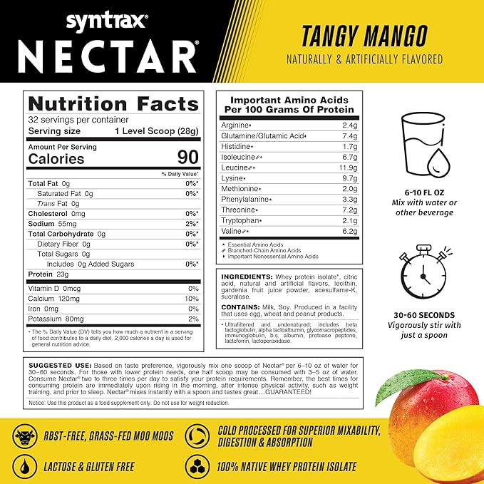 Syntrax Nutrition Nectar100% Whey Protein Isolate Powder Refreshing Fruit Juice Flavor Tangy Mango 2 lbs.