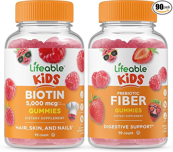 Lifeable Biotin Kids + Prebiotic Fiber Kids Gummies Bundle - Great Tasting Vitamin Supplement Gluten Free GMO Free Chewable Gummy