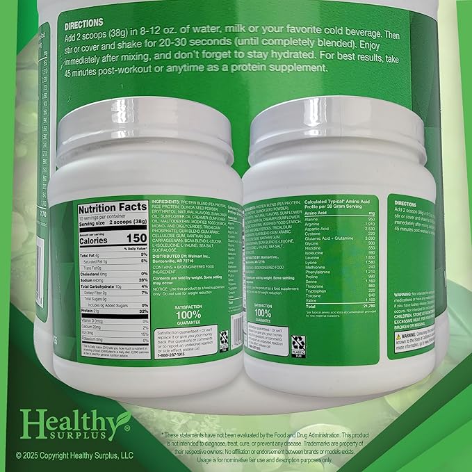 Healthy Surplus Equate Vanilla Pea Protein - 13.4 OZ (380g) - 10 Servings and Vital Volumes Vitamins Tips Card