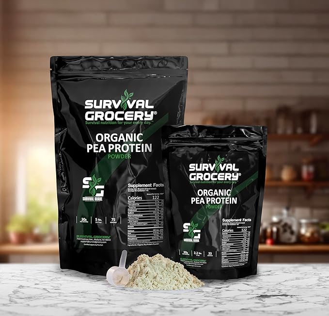 Survival Grocery® Organic Pea Protein - Organic Non-GMO North American Grown &amp Produced Gluten Free Vegan Survival Grade Protective Bulk Bags with Long Shelf Life (15 lbs./3 Bags)