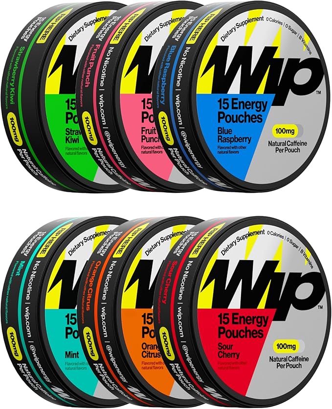 Wip Energy Pouches | 100mg Natural Caffeine | Vitamins and Minerals | 6 Pack Assorted: Sour Cherry Mint Orange Citrus Strawberry Kiwi Fruit Punch Blue Raspberry