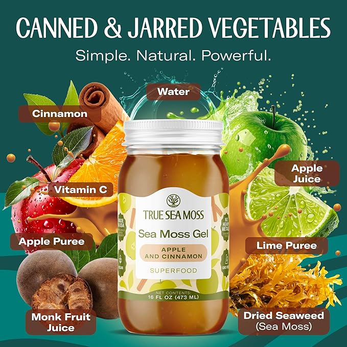 TrueSeaMoss Sea Moss Gel – Made in USA – Wildcrafted Seamoss Fruits &amp Jarred Vegetables – Apple/Cinnamon Pack of 3 (Labels may Vary)