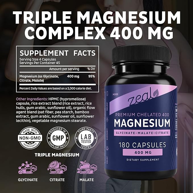 Zeal Naturals Triple Magnesium Complex Supplement - Glycinate Malate Citrate | 400mg 180 Capsules | High Absorption Chelated Magnesium for Sleep Mood Muscle Recovery Relaxation