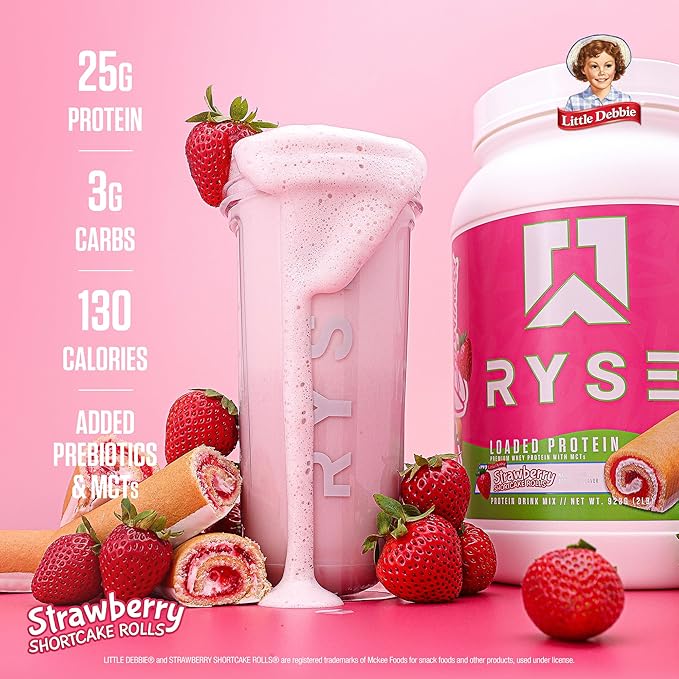 RYSE Loaded Protein Powder - Little Debbie Strawberry Shortcake Rolls - 25g Whey Protein Isolate &amp Concentrate with Prebiotic Fiber &amp MCTs - Low Carb &amp Low Sugar - 27 Servings / 2 lb Tub