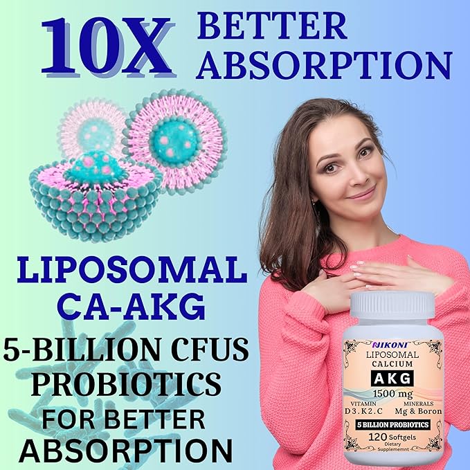 Liposomal Calcium AKG 1500mg Vitamin C D3 K2 Mg+ &amp Probiotics Supplement-120 Softgels