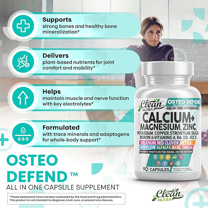 Allin1 Calcium Magnesium Zinc Supplement with Potassium Copper Strontium Silica Vitamin D3 K2 Boron Vitamin B1 B12 Red Clover Herb Alfalfa Basil Pills for Men &amp Women Clean Nutra Osteo Defen
