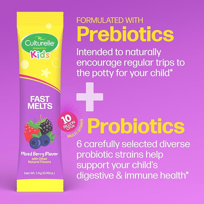 Culturelle® Kids Complete Probiotics Fast Melts Mixed Berry Flavor 30 Count Sugar Free‡ Prebiotic + Probiotic Powder for Digestive and Immune Health Supports Daily Regularity *