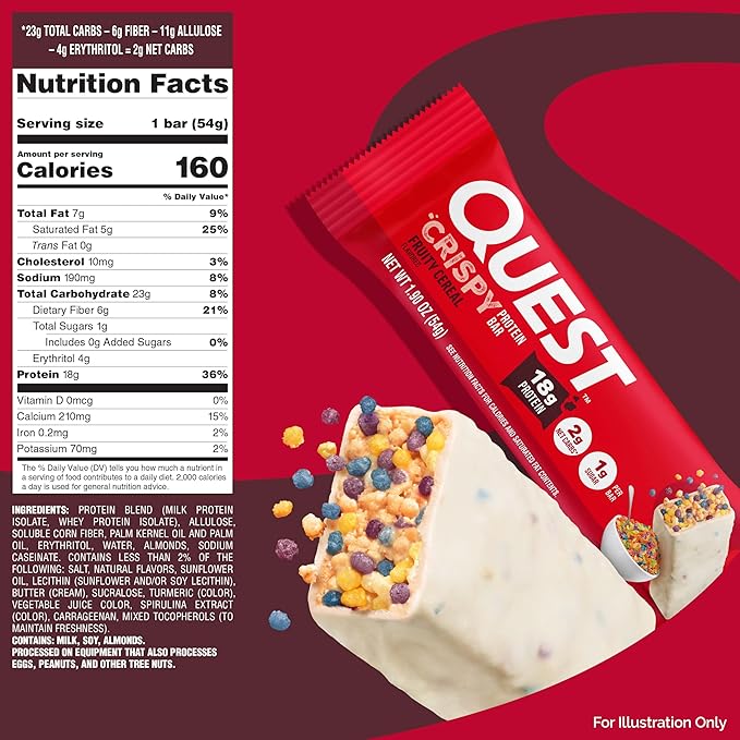 Quest Nutrition Crispy Protein Bar Fruity Cereal Flavor 18g Protein 1g Sugar 2g Net Carbs Low Sugar 12 Count