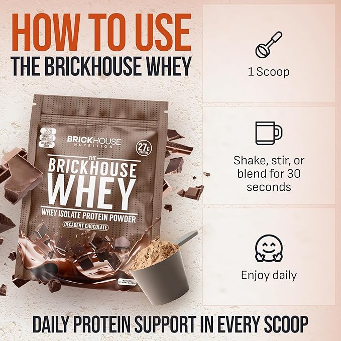 BRICKHOUSE NUTRITION Whey Protein | Fermented Whey Isolate Protein Powder | Lactose-Free Post-Workout Recovery Powder - Chocolate - 1 Pack