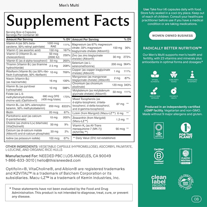 Needed. Multivitamin for Men - 25 Optimal Nutrients for Fertility &amp Men's Health - Mens Multivitamin with Vitamin D3 2000IU B12 Vitamins 200 MCG Selenium - Men's Fertility Supplement 30 Day Sup